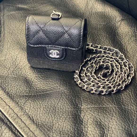CHANEL Handbags - Chanel Black Caviar Quilted AirpodsPro Case/Very Mini Bag w/chain- Like New
